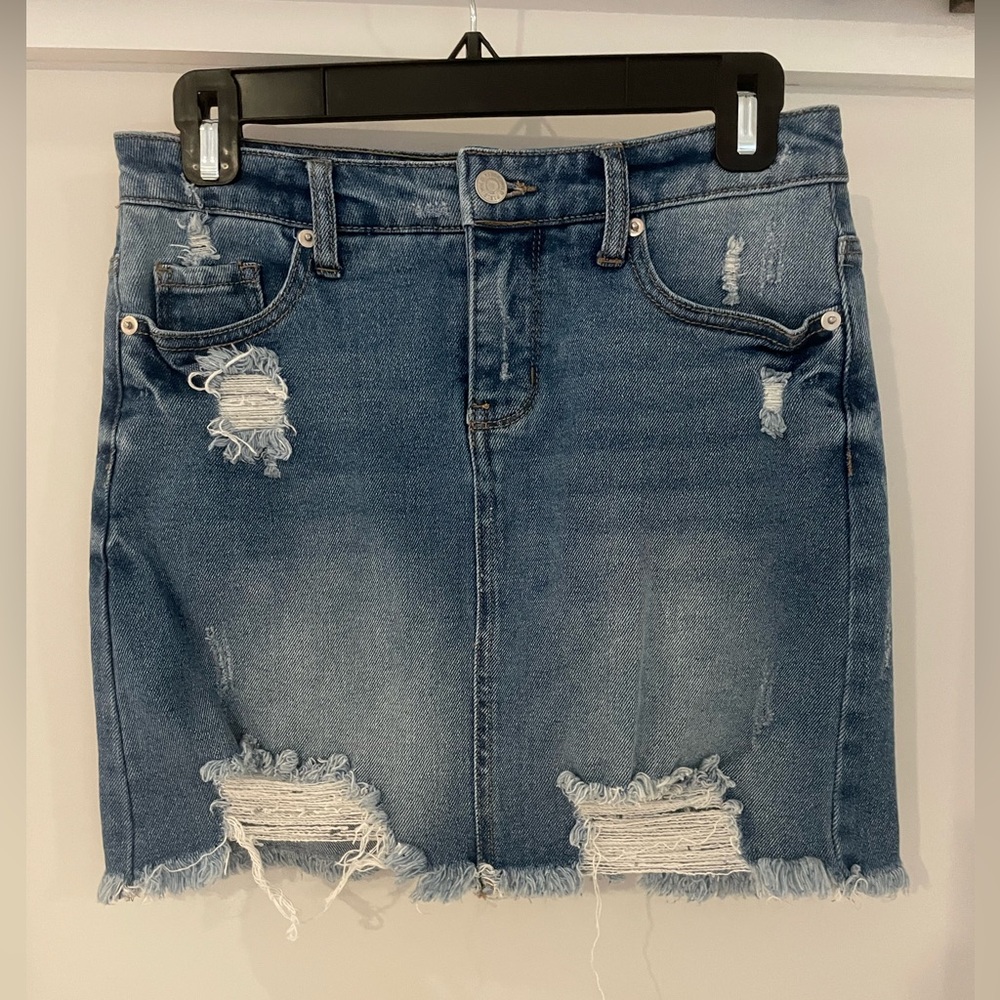 Distressed Denim Mini Skirt - Blue